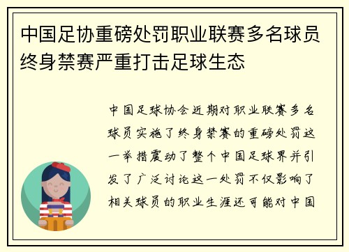 中国足协重磅处罚职业联赛多名球员终身禁赛严重打击足球生态